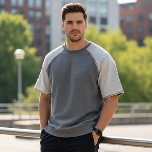 Ptula $68 Large Short Sleeve Crewneck Sweatshirt Gray Raglan Athleisure Pullover